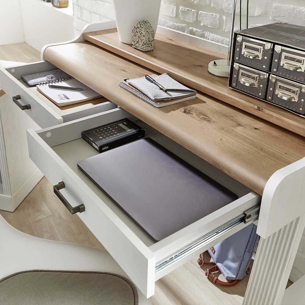 Landhaus Stil Schreibtisch Morelia mit Bildschirmaufsatz und zwei Schubladen