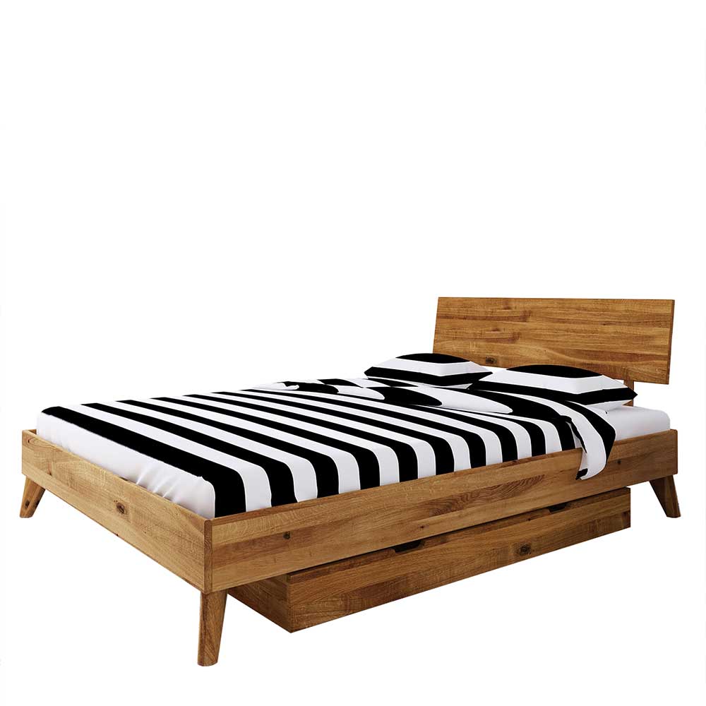 Ein Personen Bett Vinial aus Wildeiche Massivholz mit Bettkasten