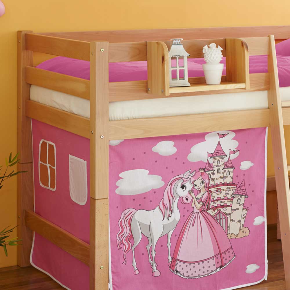 Prinzessin Kinderbett Adrienne aus Buche Massivholz mit Vorhang in Pink und Rosa