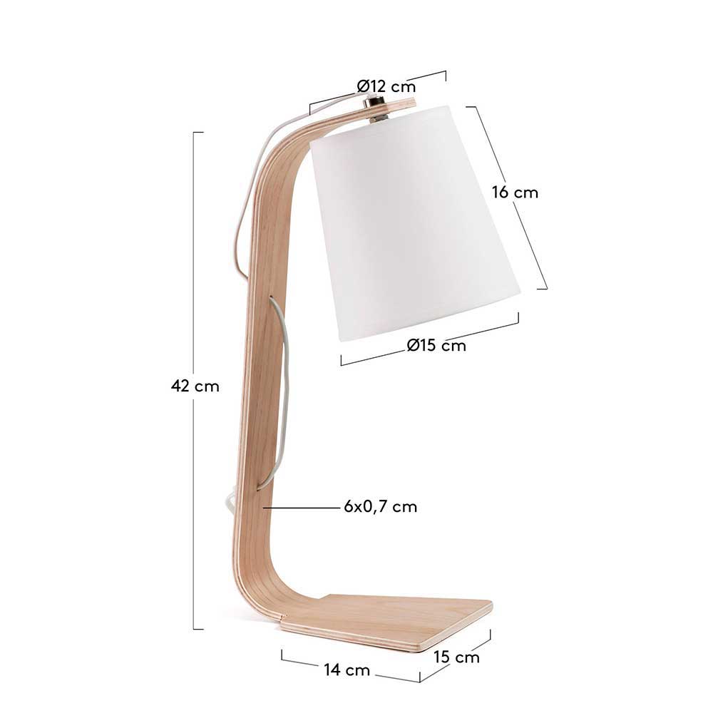 Design Tischlampe Inverno mit Stoffschirm in Weiß und Eiche Schichtholz