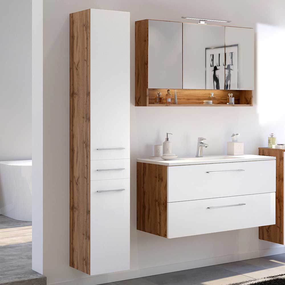 Möbel Komplettset Vidorella für Bad in Weiß und Wildeiche Optik (dreiteilig)