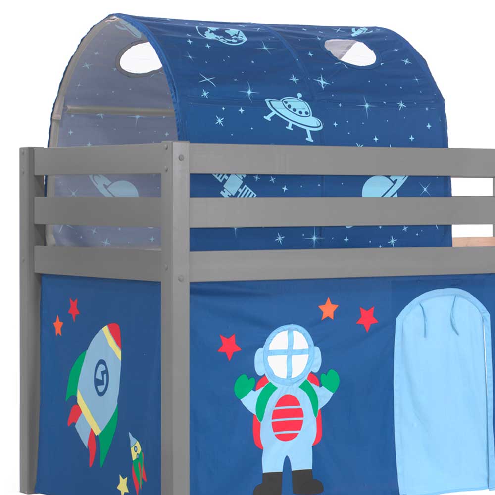 Jungs Hochbett Samos in Grau und Blau mit Stofftunnel Astronaut Motiv