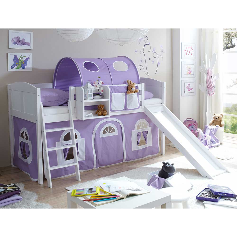 Kinderzimmerbett Acena in Weiß und Lila mit Rutsche