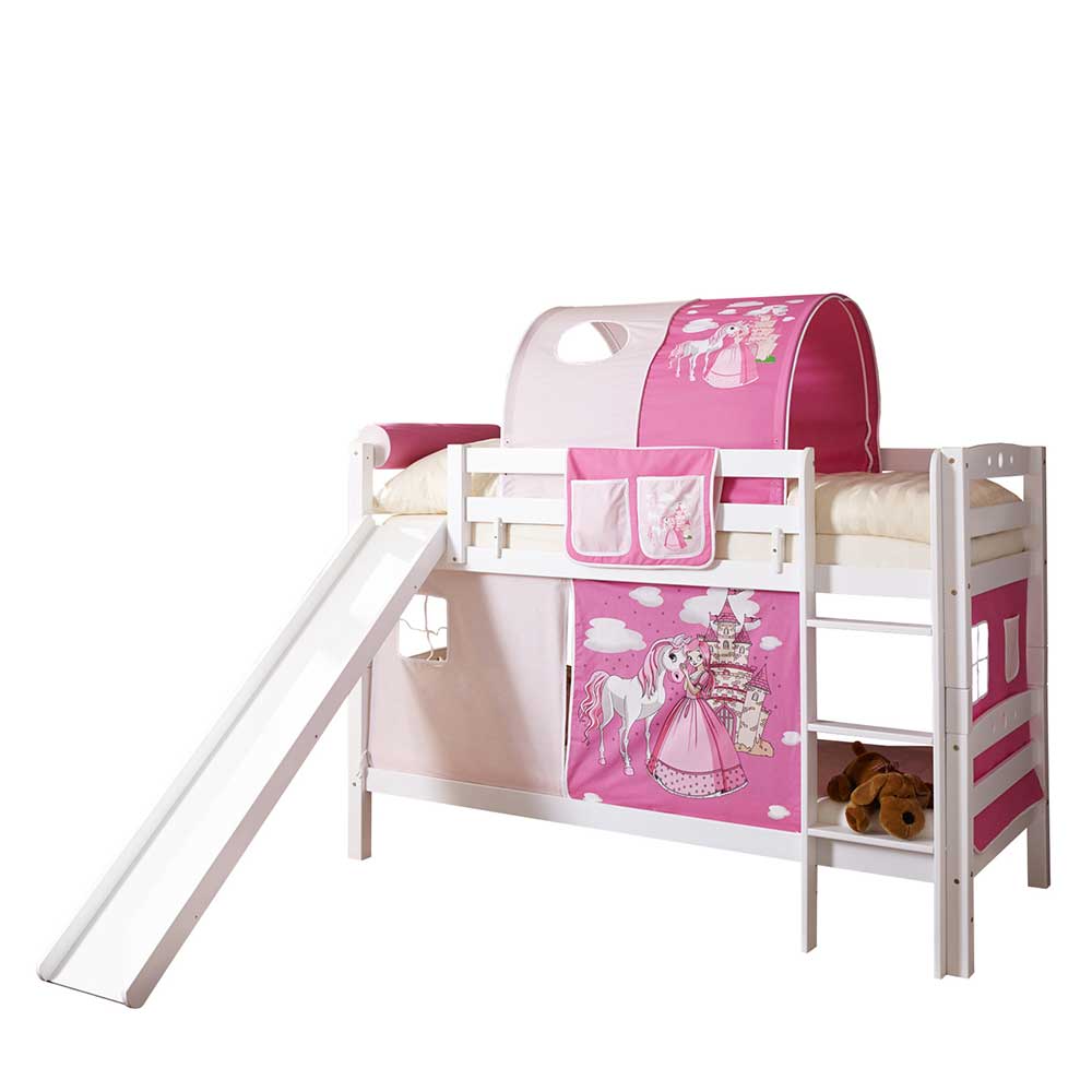 Mädchen Spielbett Yesma in Rosa und Weiß mit Rutsche