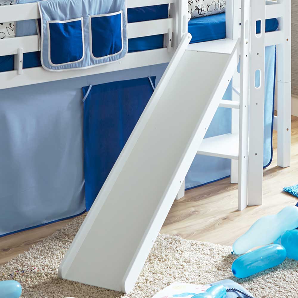 Kinderzimmer Hochbett Funius mit Rutsche und Vorhang in Blau