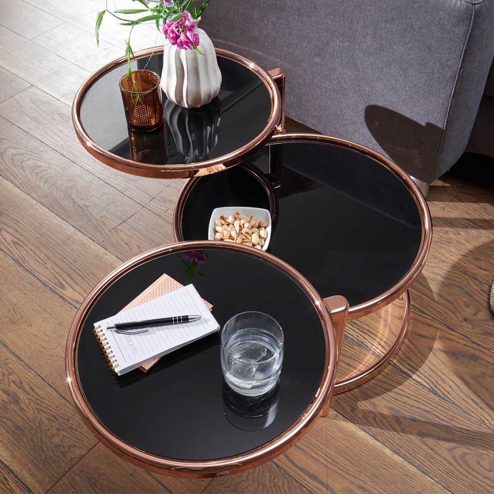 Retro Glastisch Domiano mit drei runden Platten in Schwarz und Kupferfarben