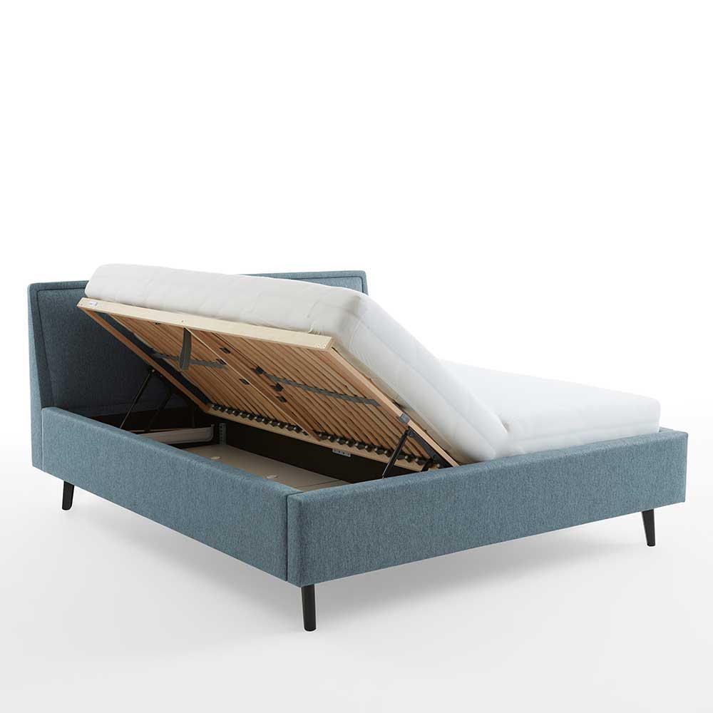 Blaugraues Polster Bett Morsina 50 cm Einstiegshöhe mit Vierfußgestell aus Holz