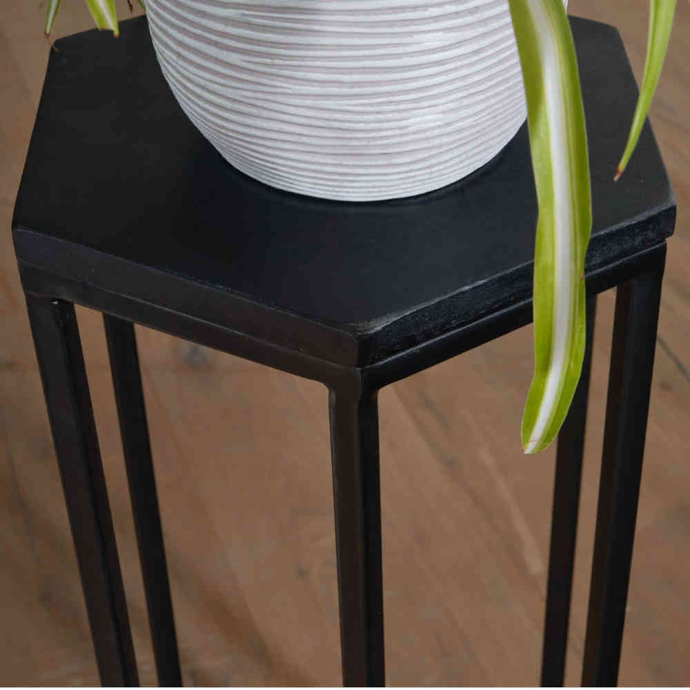 Pflanzenhocker Set Quinta in Schwarz mit sechseckiger Tischplatte (dreiteilig)