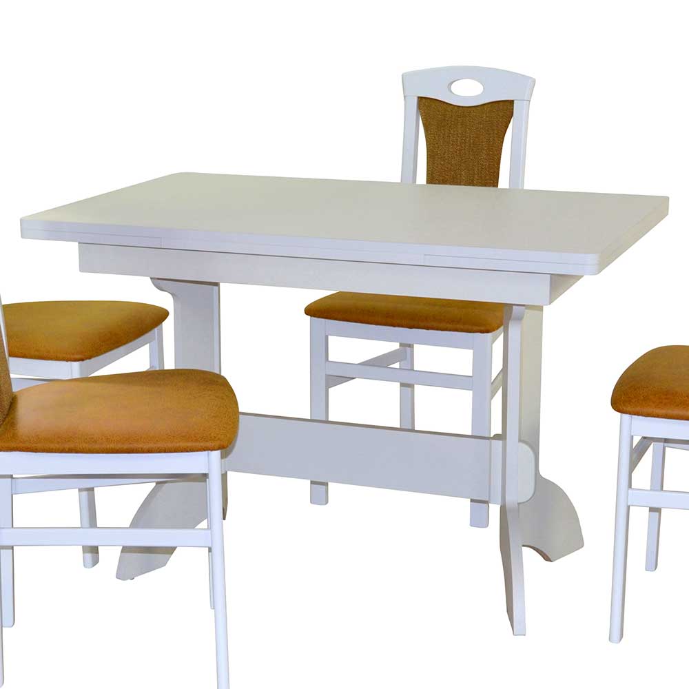 Weiße Esstischgruppe Serra Tisch ausziehbar 4 Stühle Bezug Ocker (fünfteilig)