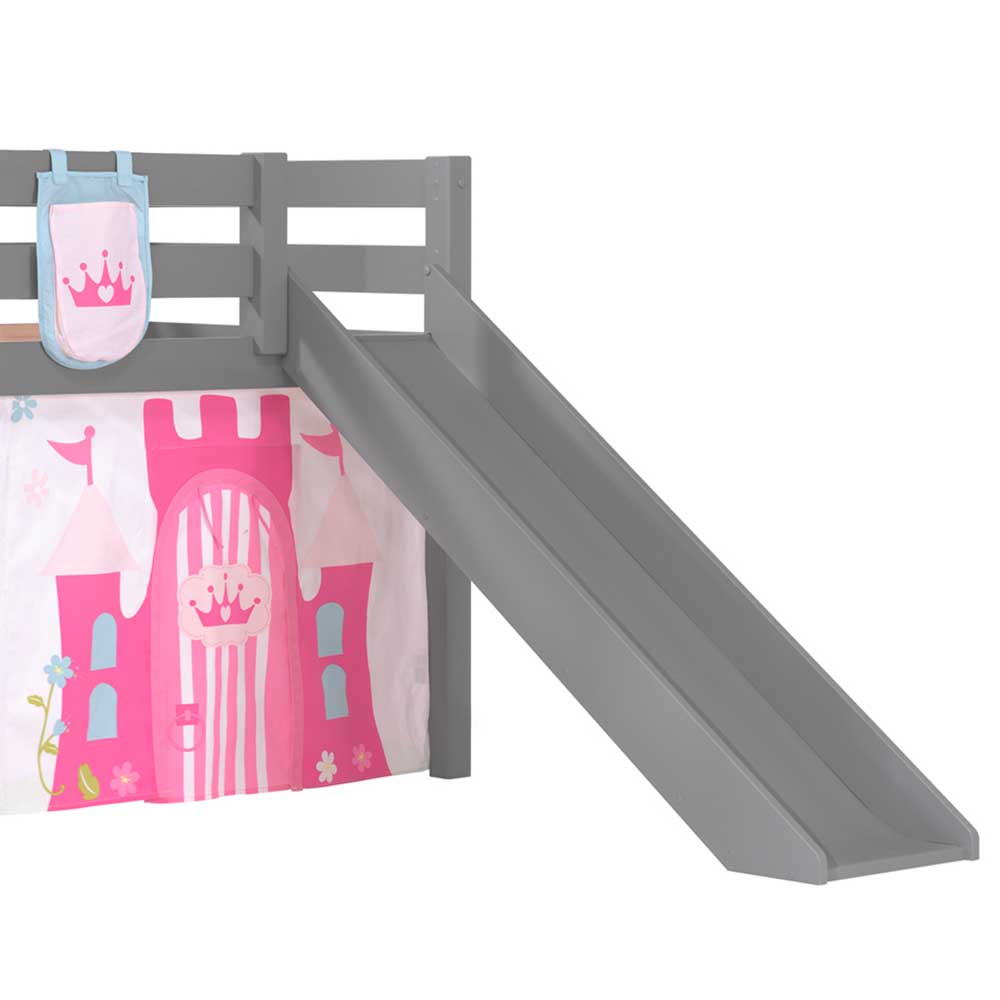 Graues Kinderhochbett Tajimna mit Rutsche Prinzessinnen Spielvorhang und Taschen