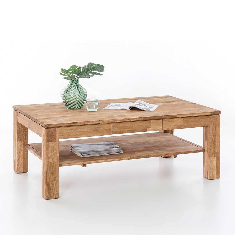 Sofa Tisch Enetta aus Eiche Massivholz mit zusätzlicher Ablage