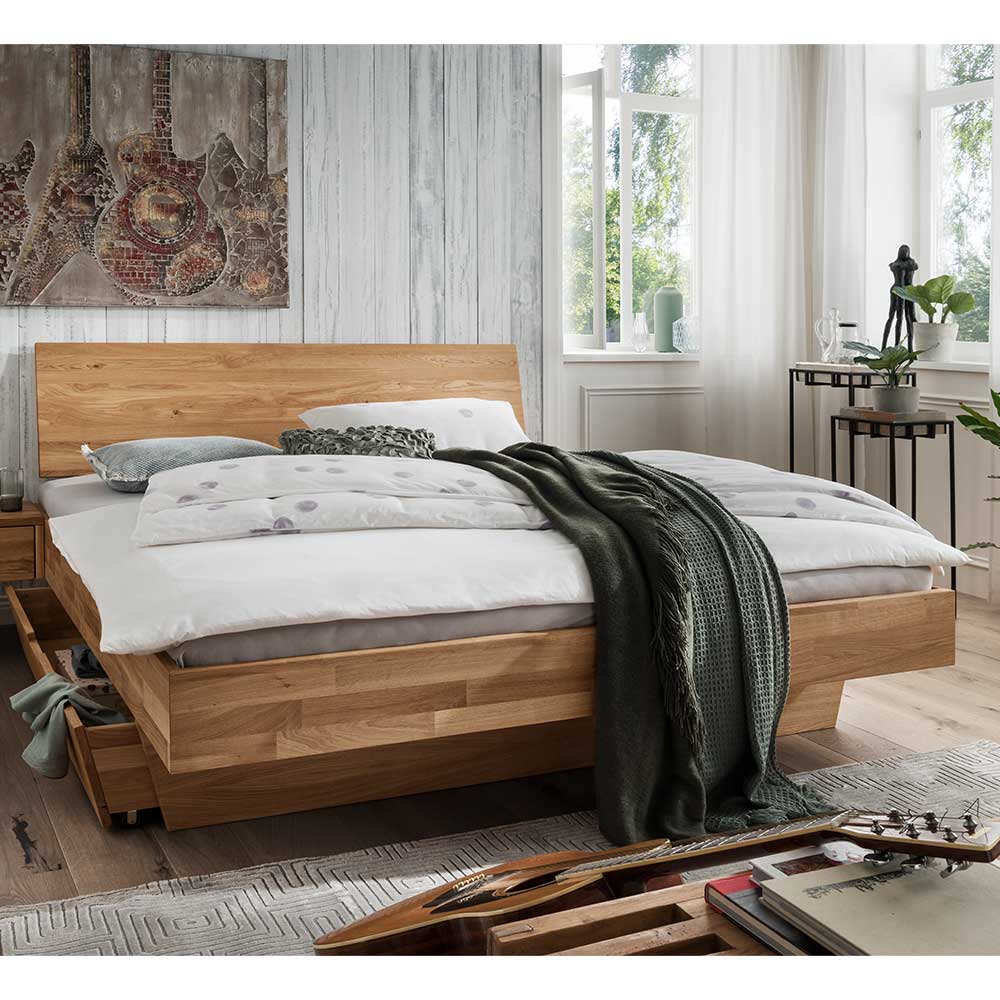 Wildeiche Holzbett Spaniav mit Bettkasten auf Schwebesockel