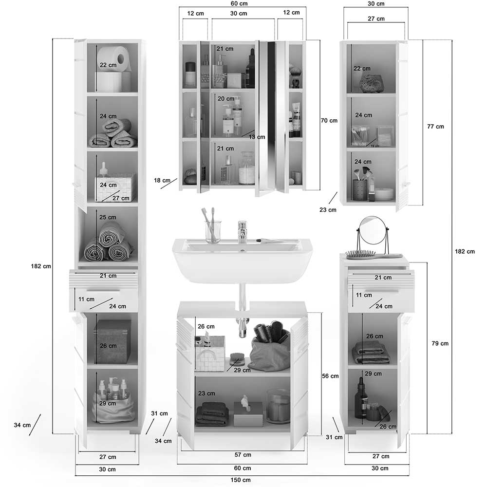 Badezimmermöbel Set Alessia in Weiß Hochglanz 182 cm hoch (fünfteilig)