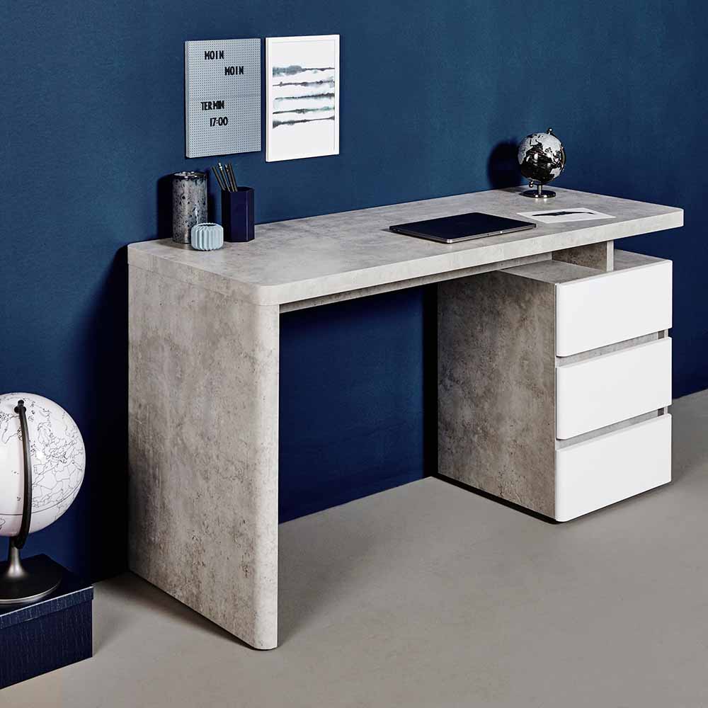 PC Schreibtisch Slawo in Beton Grau Weiß 140 cm