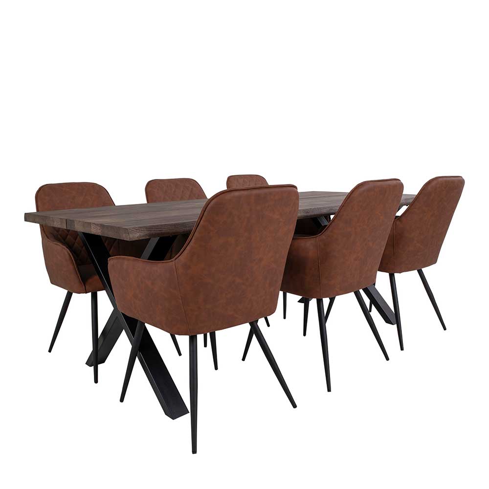 Esszimmergarnitur Vartess mit 2 Meter Tisch und Stühlen in Cognac Braun (siebenteilig)