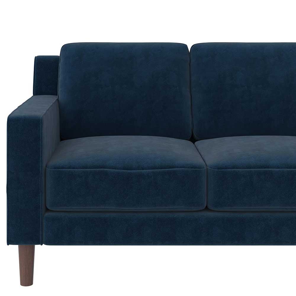 Blaues Samt Sofa Ophra mit Vierfußgestell aus Holz 195 cm breit