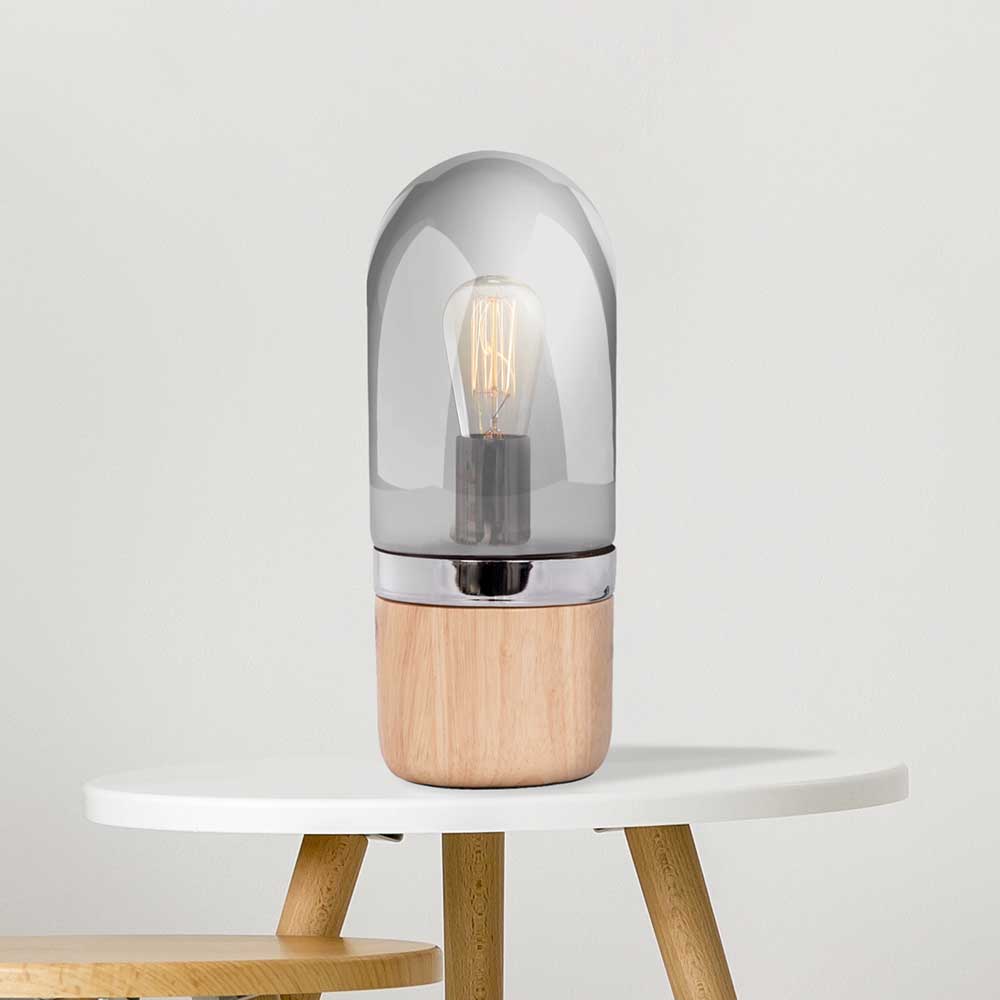 Deko Tischlampe Horio aus Glas in Grau getönt und Massivholz