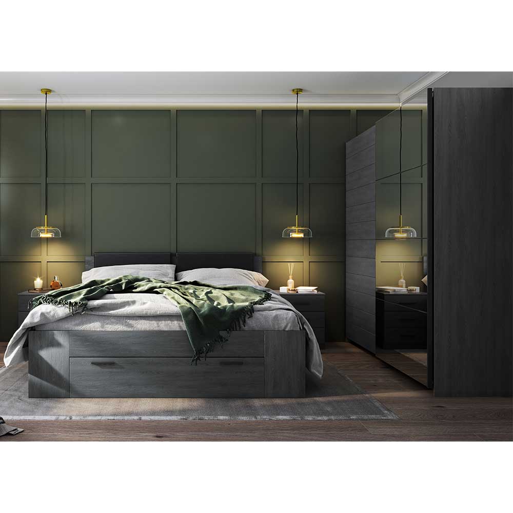 Moderne Schlafzimmer Möbel Culagan in Eiche Grau mit Bettschublade (vierteilig)