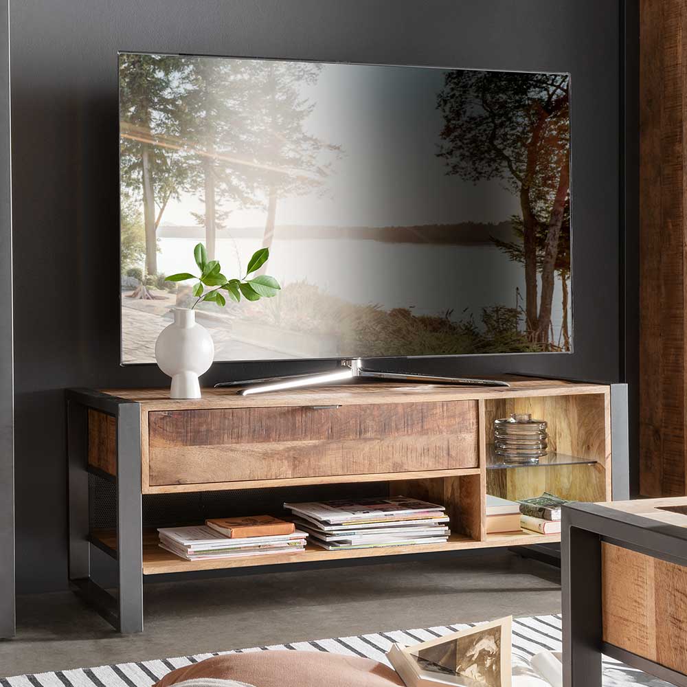Fernsehlowboard Exeta aus Recyclingholz und Metall im Industry und Loft Stil