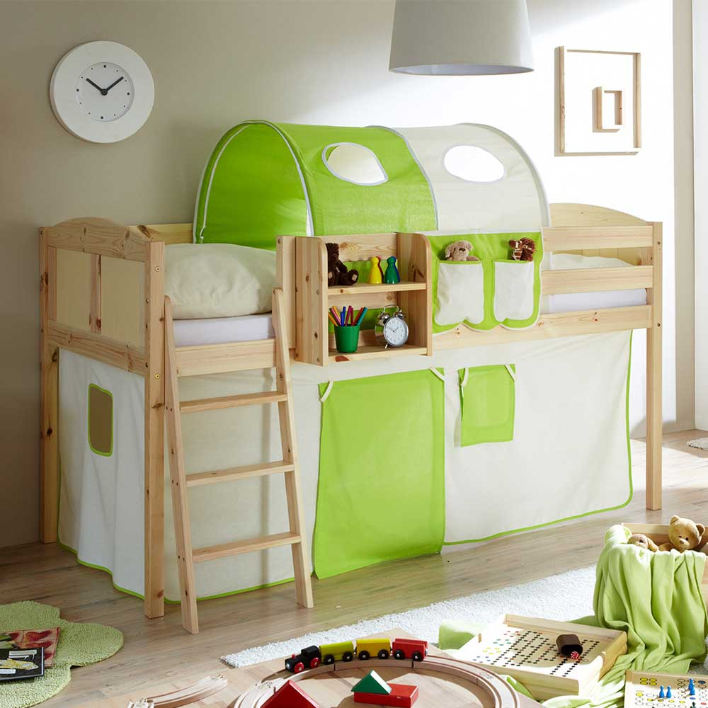 Halbhohes Kinderzimmer Bett Ackora mit Tunnel und Vorhang in Grün Beige