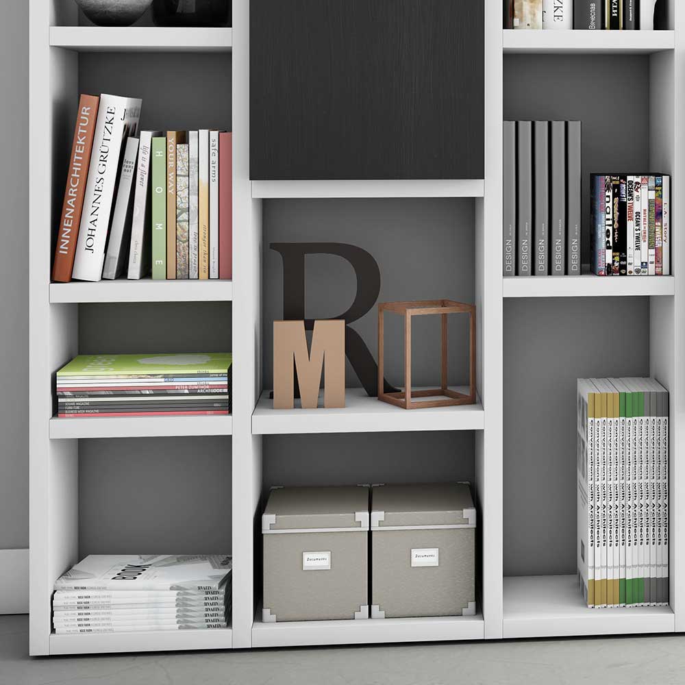 Arbeitszimmer Bücherwand Mona in Weiß und Eiche Schwarz Braun mit Türen