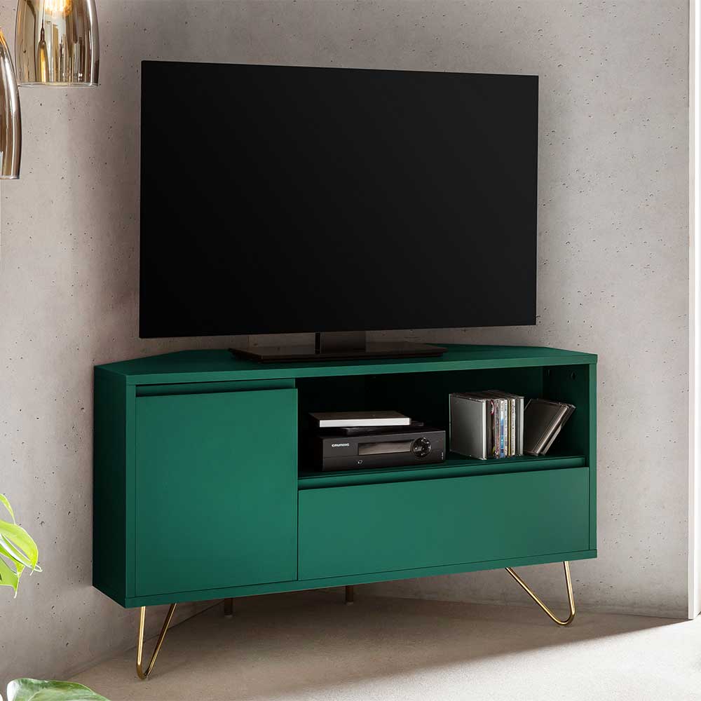Eck Fernsehmöbel Draviant in Grün und Goldfarben mit Klappe