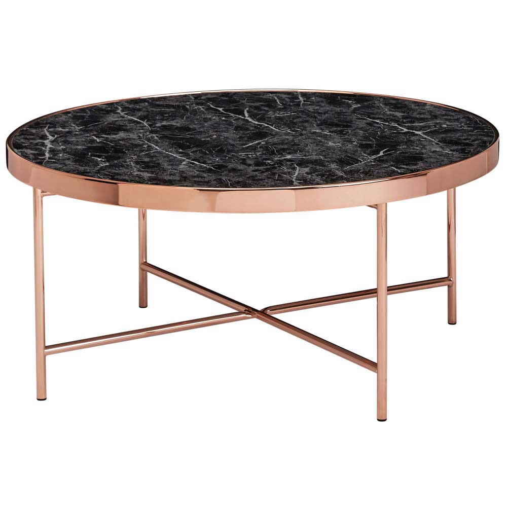 Ovaler Glastisch Jony in Kupferfarben mit Tischplatte in schwarzer Marmor  Optik