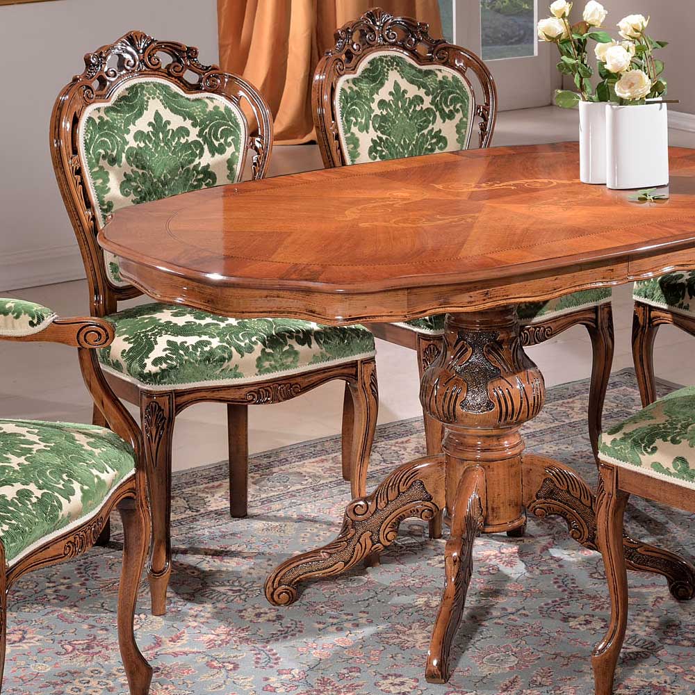 Barock Design Sitzgruppe Adessa in Grün und Nussbaum mit ovalem Tisch (sechsteilig)