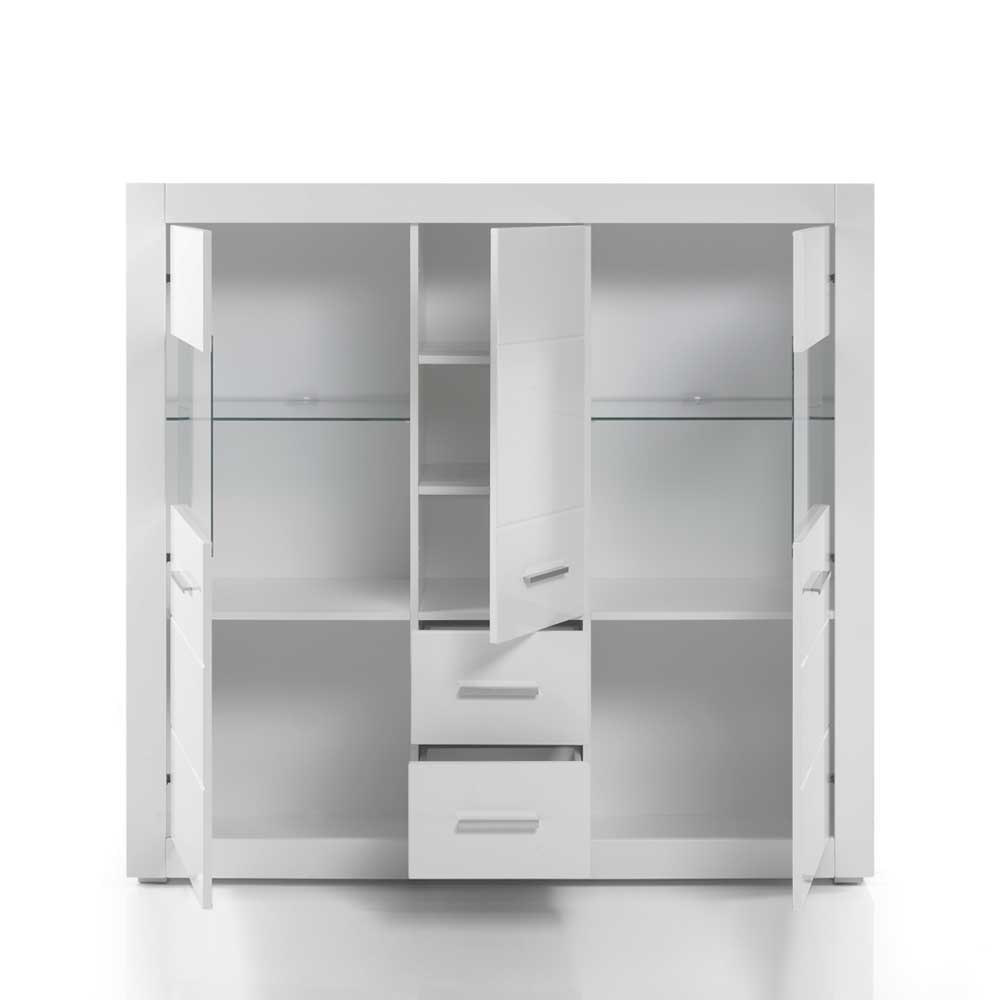 Design Highboard Triango in Hochglanz Weiß und Glas 150 cm breit
