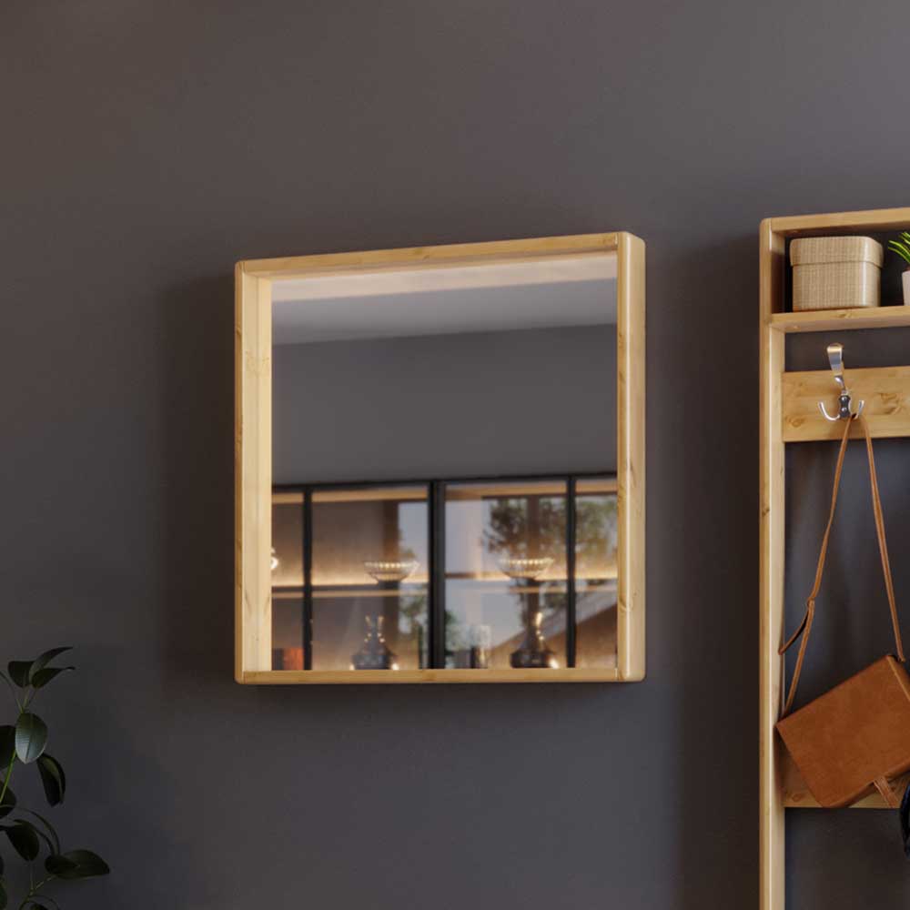 Quadratischer Spiegel Lemcon mit Holzrahmen aus Kiefer