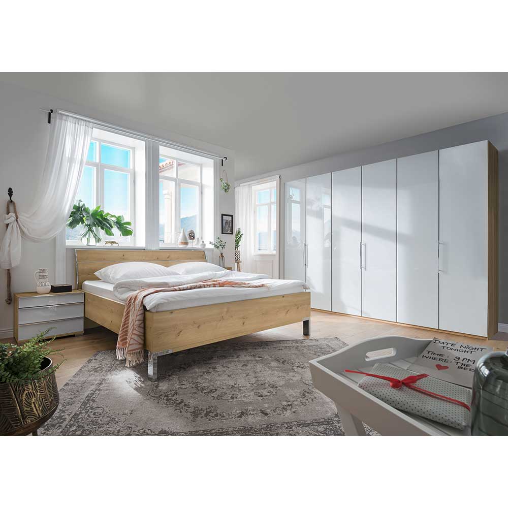 Schlafzimmerset Waluva in Weiß Eiche Bianco 300 cm breiter Schrank (vierteilig)