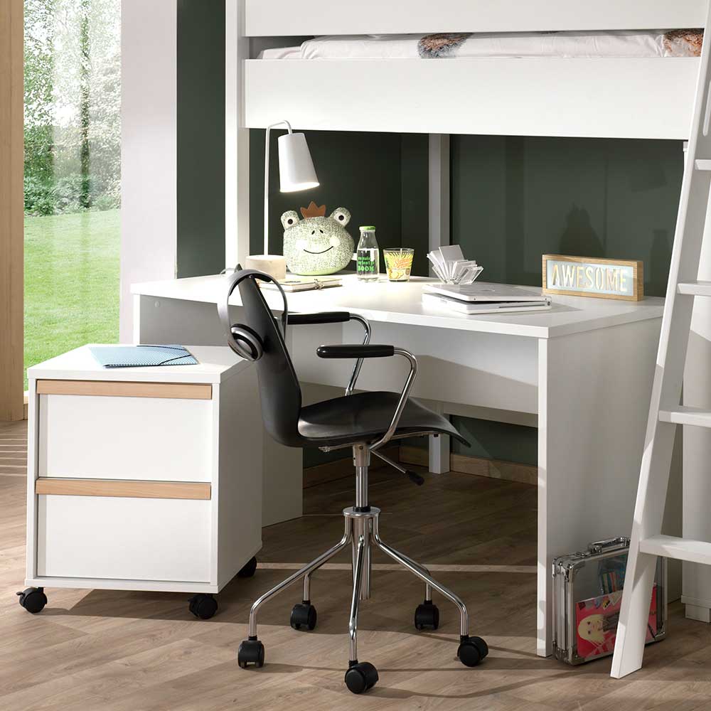 Hochbett Set mit Schreibtisch Toricona in Weiß und Buchefarben (vierteilig)