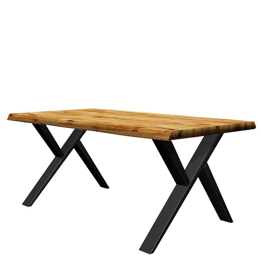 Esstisch mit Baumkante Lengelo aus Eiche Massivholz und Metall