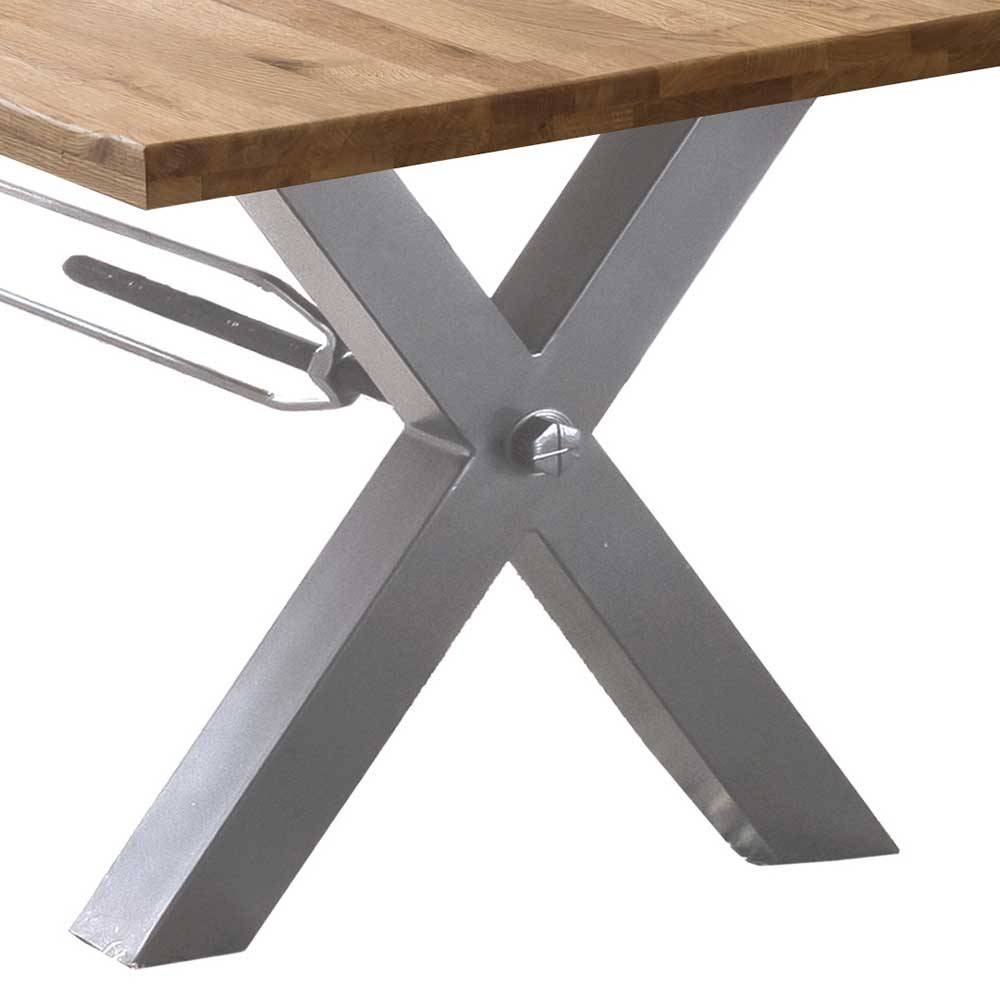 Holztisch Wildeiche Lenox mit Baumkante und Gestell in X Form