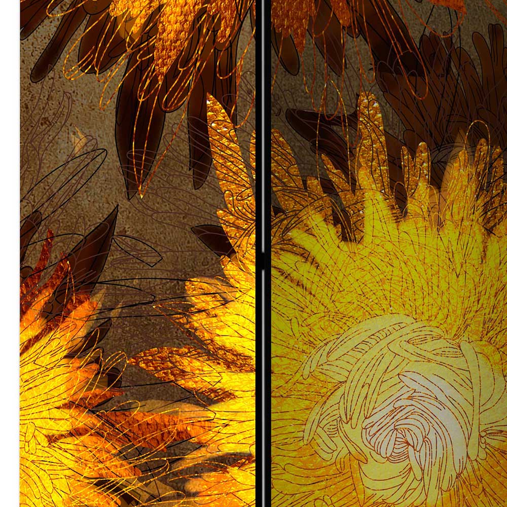 Paravent Hashima mit Sonnenblumen Motiv in Gelb und Braun