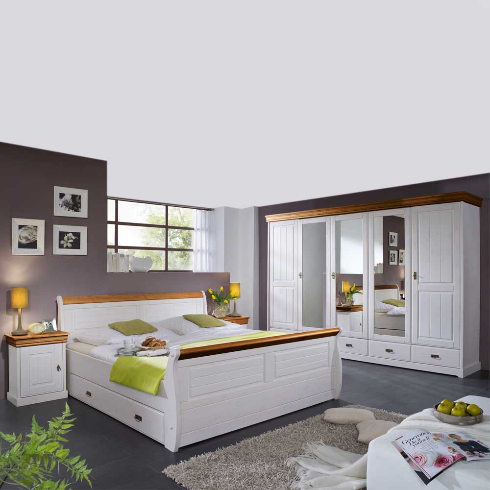 Landhaus Schlafzimmer Scots in Weiß aus Kiefer Massivholz (vierteilig)