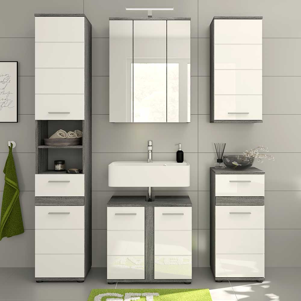 Moderne Badmöbel Servi in Weiß und Grau mit Spiegelschrank (fünfteilig)