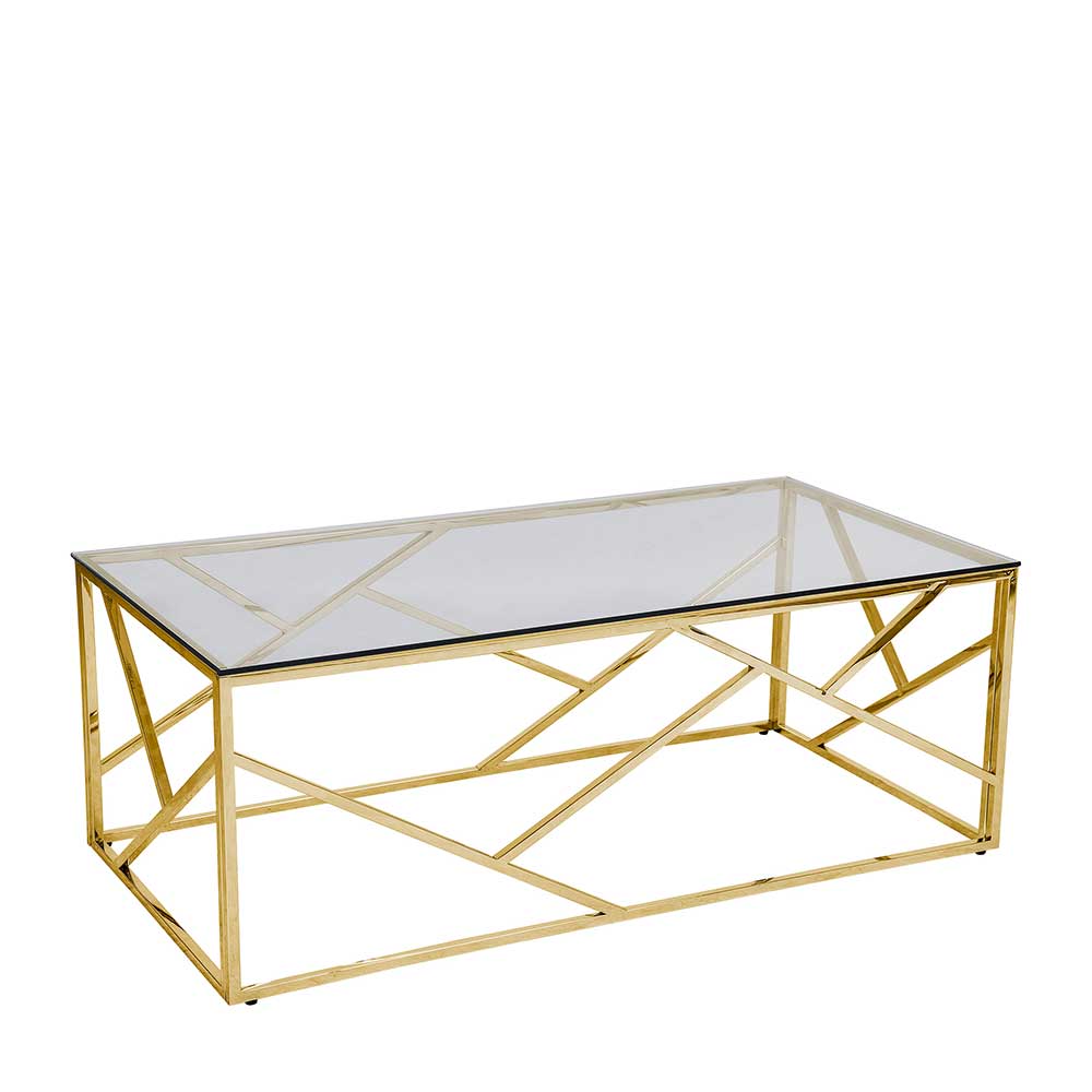 Design Wohnzimmer Tisch Limburg in Goldfarben mit grauer Glasplatte