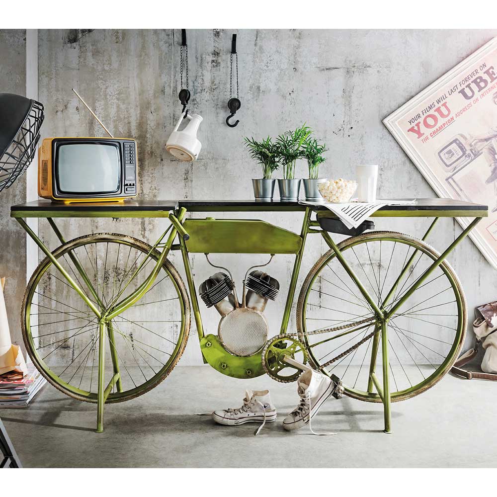 Design Konsolentisch Hiloria in Grün und Mangobaum im Fahrrad Style