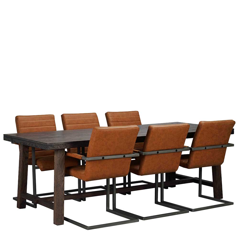 Tischgruppe Mossiv aus Massivholz Stahl und Kunstleder mit Armlehnen (siebenteilig)