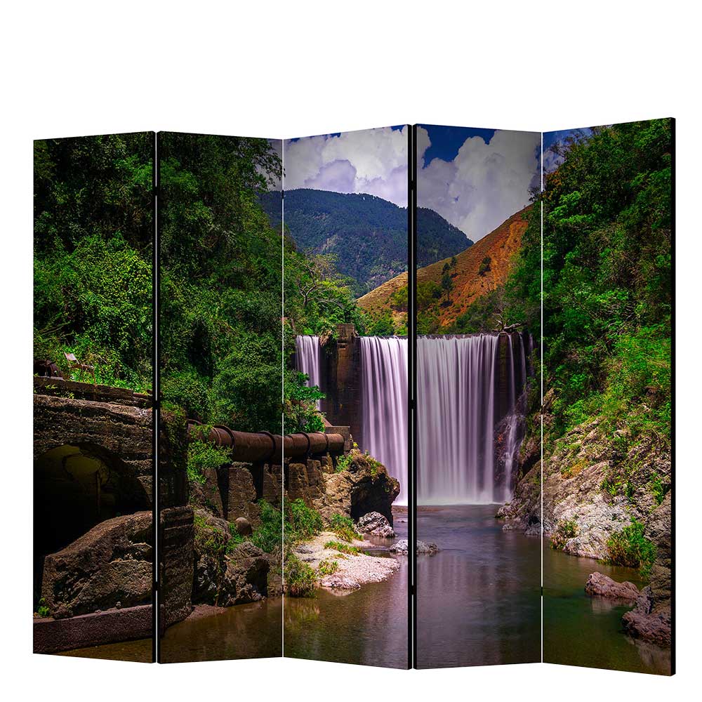 Fotodruck Paravent Laila Motiv beidseitig mit Berglandschaft und Wasserfall