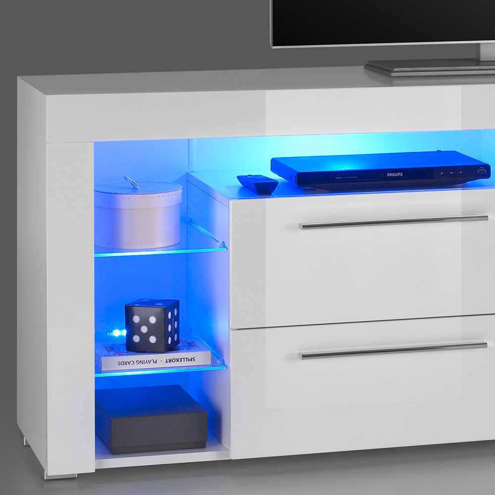 Hochglanz TV Möbel Lioscas in Weiß mit LED Beleuchtung