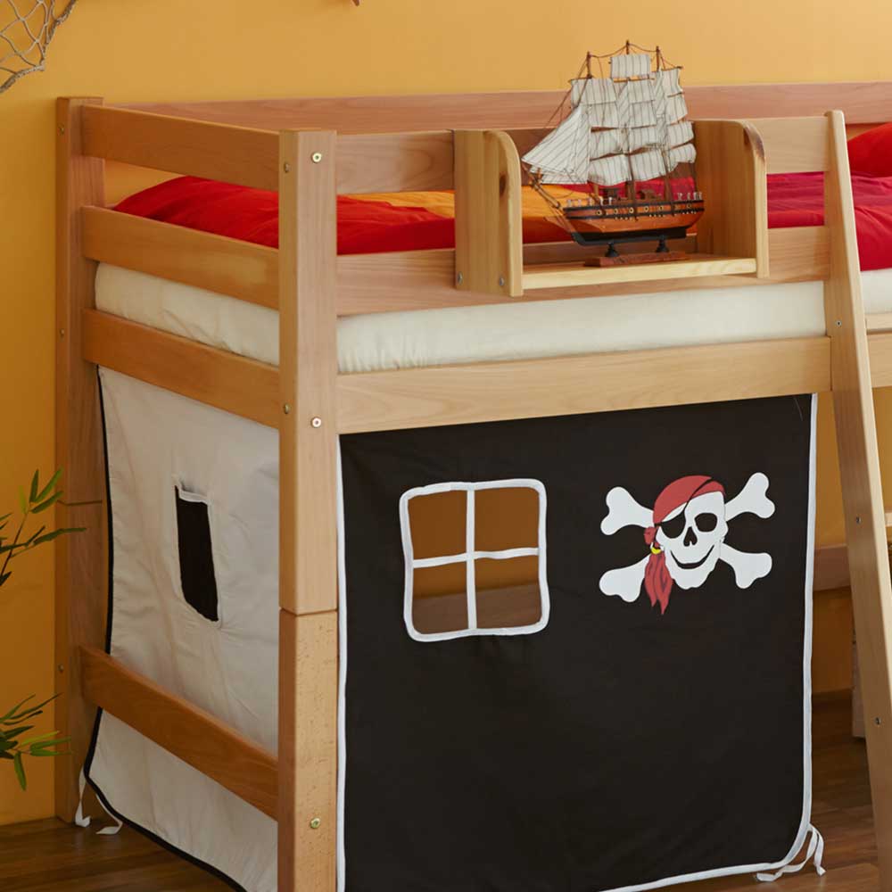 Jungen Halbhochbett Calgano mit Vorhang im Piraten Design aus Buche Massivholz