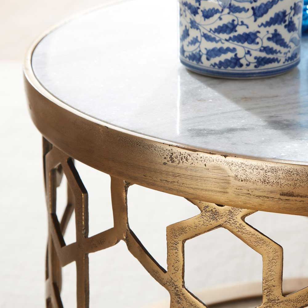 Runder Wohnzimmer Tisch Sumatra mit Marmorplatte 60 cm Durchmesser