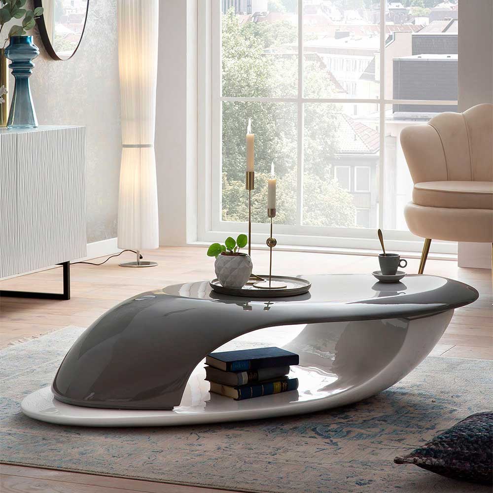 Design Tisch Erminia in Hochglanz Grau und Weiß aus Fiberglas