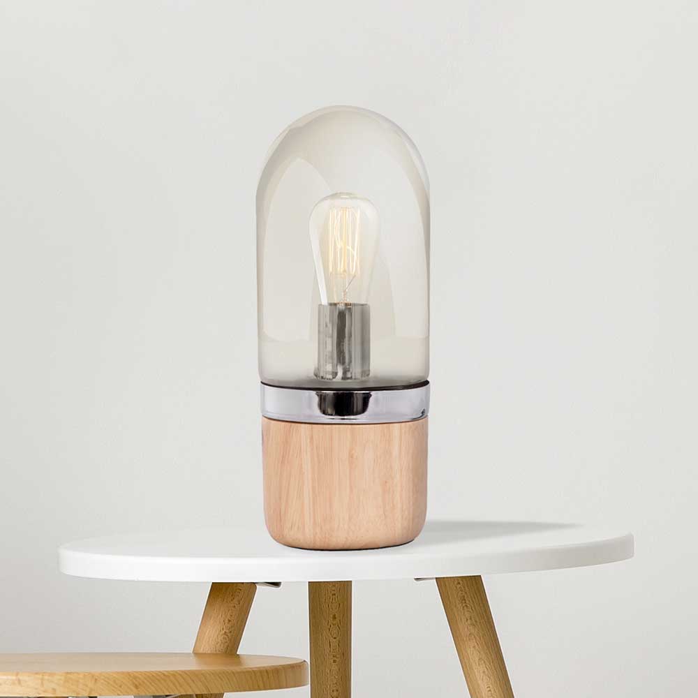 Tischlampe Orsidio aus Glas und Massivholz in Naturfarben