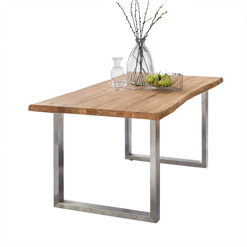 Tisch mit Bügelgestell Ragusta im Industrie Stil aus Eiche und Edelstahl