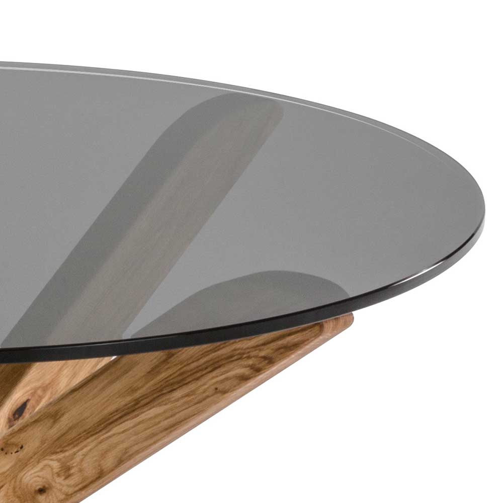 Couchtisch Belevista aus Asteiche Massivholz mit runder Rauchglasplatte