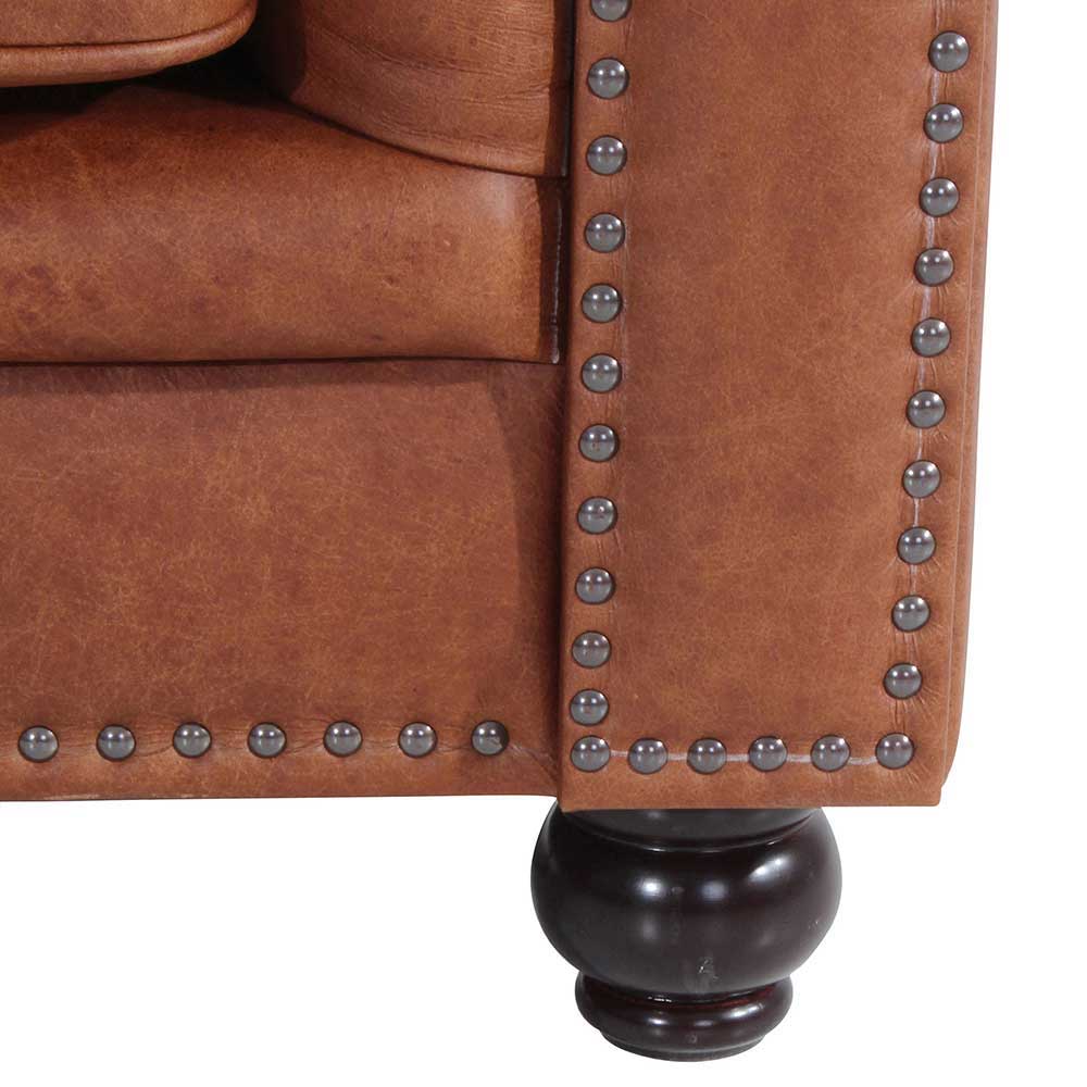 Chesterfield Leder Couch Chetna in Cognac Braun 196 cm breit