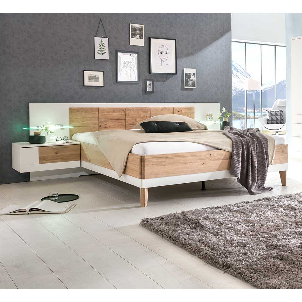 Doppel Bett Pelisor in Asteiche Bianco und Weiß 48 cm Einstiegshöhe